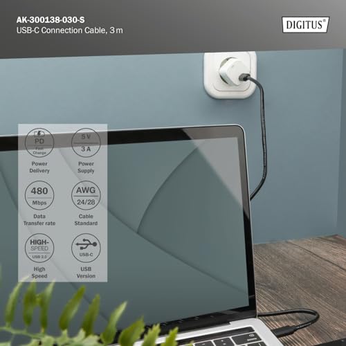 DIGITUS Cable de conexión USB 2.0 - 3,0 m - USB C (m) a USB C (m) - 480 Mbit/s - Cable tipo C, cable de conexión - Negro - imagen 4