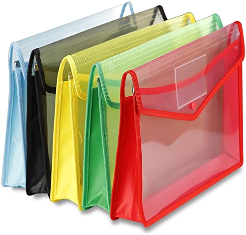 A4 Plastic Wallets 5 Pcs Popper Wallet Plastic Document Folder Premium Pockets Files Envelope for School Office Home with Snap Closure Large Capacity