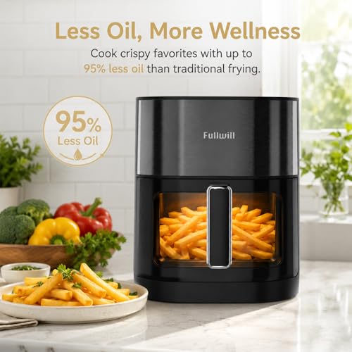 Image of Fullwill 6Qt Air Fryer with Window, Dual Heating, 14-in-1 /12 Presets (Wings, Steak, Fries, Pizza), 392F, 1700W, Nonstick & Dishwasher-Safe Basket, PFOA-Free, Oil-Free Fast Cooking
