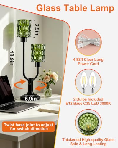 Image of Lightdot Mid Century Modern Table Lamp Green Glass Vintage Lamp Dimmable