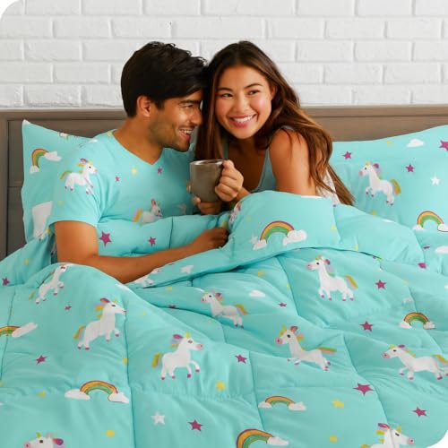 Image of 200 GSM 400 TC Kids Glace Cotton Reversible Cartoon Printed Double Bed King Size Comforter with Matching Bedsheet 90x100 Inches with 2 Pillow Covers Set of 4 Pieces- Sky