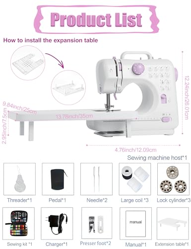 Image of Sewing Machine for Beginners - Portable Electric Hand Mini Sewing Machine with Extension Table 12 Built-In Stitches with 2 Speed Foot Pedal Small Handheld Maquina de Coser Purple