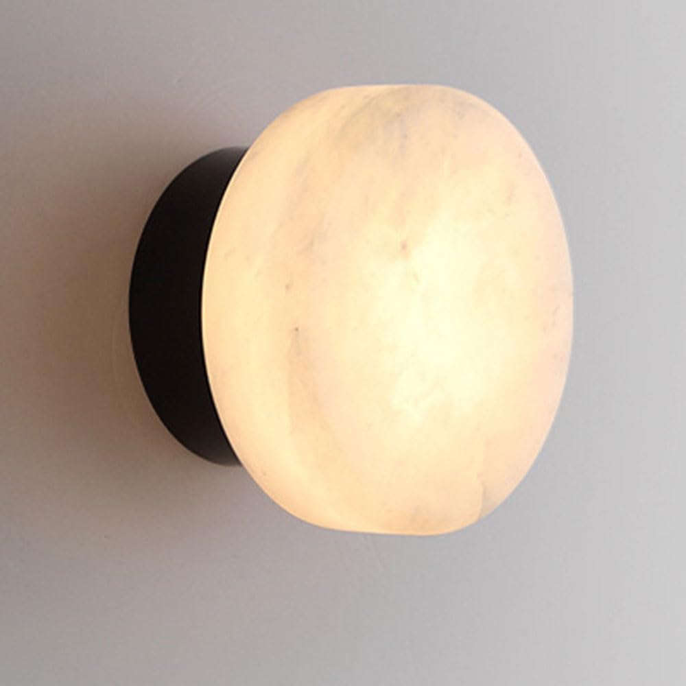 GUOGUOSM LED Light Source Marble Wall Lamp, Medieval Minimalist Style Alabaster Wall Sconce, 5.1in Round Wall Light, Bedroom Dining Room Stairs Decorative Lighting Fixtures