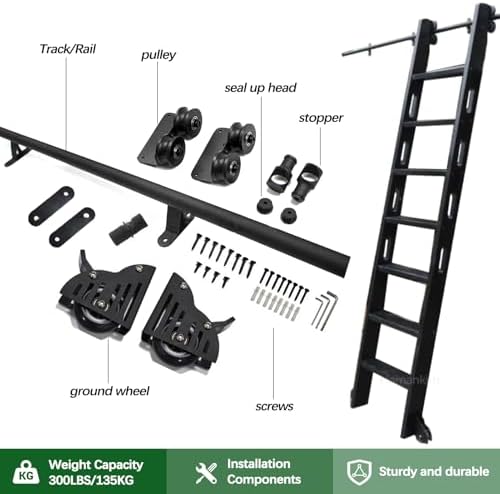 Home Library Ladder Hardware Kit - 8ft Rolling Track System for Office/Wine Cellar/Closet, Durable Carbon Steel Round Tube, Black (Ladders Not Included)