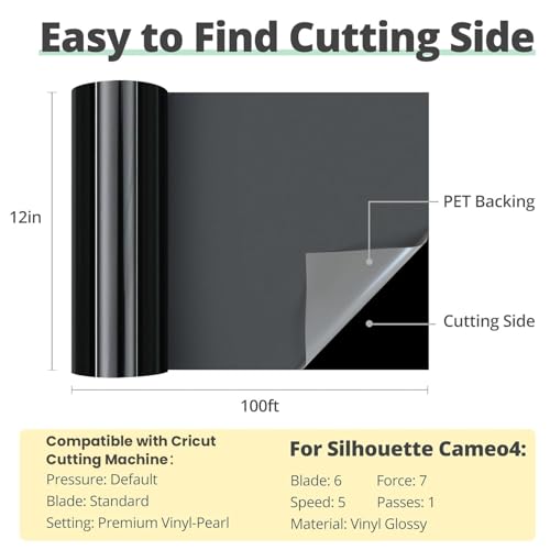 Image of HTVRONT Black Permanent Vinyl, 12 inch x 100 FT Glossy Black Permanent Adhesive Vinyl Roll Compatible with Cricut Cutting Machine Silhouette, Cameo Cutters, Signs, Scrapbooking, Craft, Die Cutters