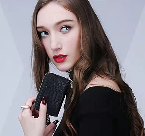 Small Rfid Blocking Full-grain Leather Wallet, Zipper Credit Card Holders, ID Case Organizer Purse (Pink/Embossed crocodile)2