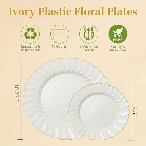 60 Pack Ivory Scalloped Plastic Plates with Gold Rim, Disposable Elegant Plates Include 30pcs Dinner Plates 10.25\", 30pcs Plastic Dessert Plates 7.5\", Perfect for Thanksgiving, Christmas and Party - Thumbnail 2