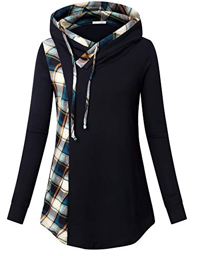 Sweatshirt Tunic,Messic Plaid Cowl Neck Pullover Sweatshirts Casual Flowy Tunic Tops Loose Fitting Sweaters Stretchy Patchwork Tunic Hoodie with Pockets Blue Beige XL