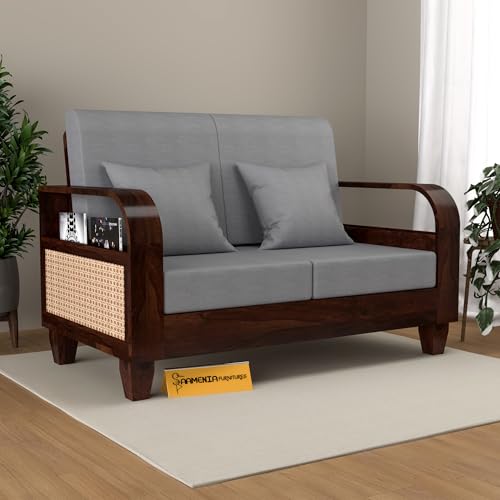 Image of Sheesham Wooden 2 Seater Sofa for Living Room | Solid Wood Sofa with Rattan Cane Side Rack | Rosewood Sofa Set for Home & Office | Lounge (Walnut, 2 Seater)