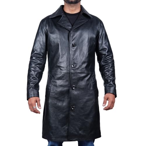 Desired Men's Trench Black Full Body Genuine Leather Duster Overcoat Sheepskin Long Coat Glossy Coat