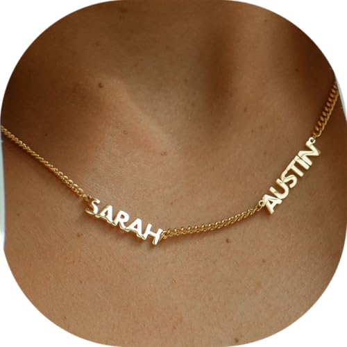 Xianofu Personalized Name Necklace with Curb Chain, 18K Gold Plated Handmade Custom Family Choker Customized Child Nameplate Necklace Mother's Day Jewelry Gift for Mom, Wife (2 Names Necklace)
