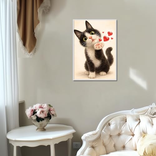 Image of Romantic Diamond Paintings Kits for Beginners, Full Round Drill Diamond Arts Kits for Adults, Cat Greeting Paint by Diamond, 5D DIY Diamond Painting Dot Gem Art, for Home Wall Decor 12x16 Inch