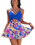 AI'MAGE Women's One Piece Swimdress V Neck Tie Back Skirt Swimsuit Push Up Tummy Control Bathing Suits Sky Blue Floral,M