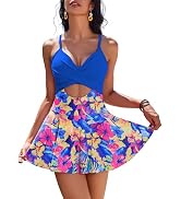 AI'MAGE Women's V-Neck One Piece Swim Dress with Tie Back Skirt