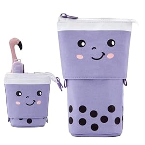 ANGOOBABY Standing Pencil Case Cute Telescopic Pen Holder Kawaii Stationery Pouch Makeup Cosmetics Bag for School Students Office Women Teens Girls Boys (Purple)