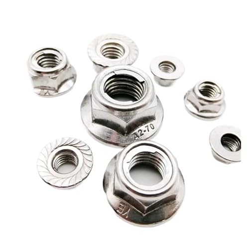 SFCHEN 2pcs M4-M12 304 Stainless Steel Prevailing Torque Type All Metal Insert Hexagon Lock Nut with Flange Hex Self Locking GB6187(M6 Serrated Bottom)
