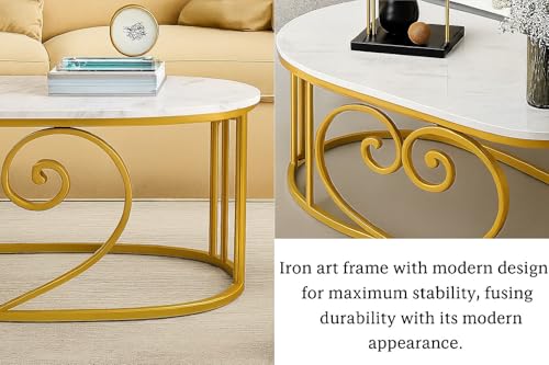Image of Oval Accent Metal Centre Table with Marble Look Coffee Tables with Engineered Wood Top and Metal Frame, Contemporary Table for Office, Bedroom, or Living Room Golden White