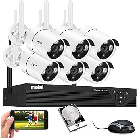 maisi 3MP Wireless Security Camera Systems, 8CH 2K NVR Recorder CCTV System, 6pcs 3MP Waterproof WiFi IP Camera (1-Way Audio, Continuous/Motion Recording, Email and APP Push Alert, 1TB Hard Drive) Cover