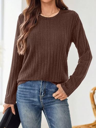 Women's Crewneck Sweater Tops - Long Sleeve Knitted Casual Fall Winter Blouse