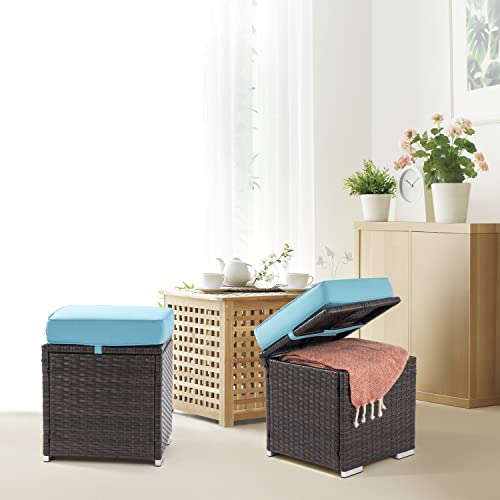 Outdoor ottomans for patio, rattan wicker ottoman with storage outdoor footrest foot stool seat for patio furniture w/removeable extra thick cushion for Balcony Backyard Garden Poolside set of 2 Blue