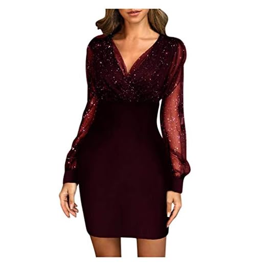Generisch Vestido de noche con lentejuelas para mujer, cuello en V, vestido de lápiz, vintage, cintura alta, malla elegante, vestido de baile, monocolor, informal, vestido de fiesta, burdeos, XXL