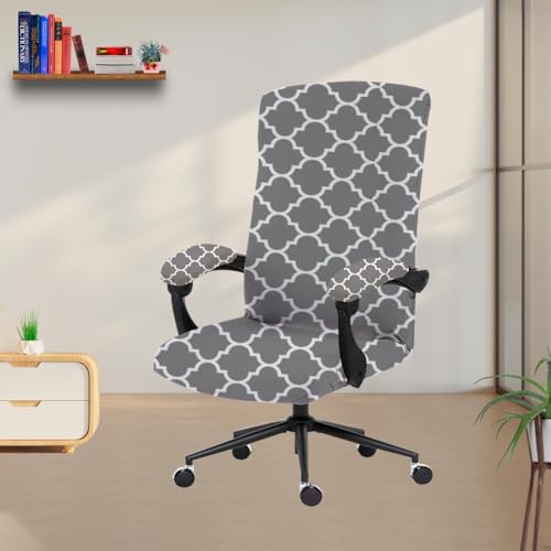Image of Eleganta Stretch Boss Office Chair Cover Printed Computer Chair Covers with Armrest Cover Universal Removable Spandex Rotating Chair Slipcovers Soft Desk Chair Seat Protector Grey Diamond (Pack of 8)