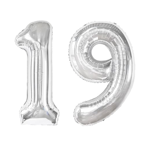 Image of Silver Number 19 Balloon 40 inch, 19 Number Balloons, 19th Silver Birthday Decorations, 19 Year Old Silver Party Supplies