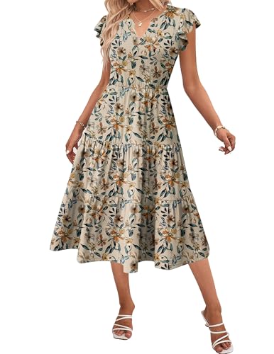 Image of ZEAGOO Womens Summer Casual Dresses Ruffle Sleeve V Neck Midi Dress Flowy Tiered Dress with Pockets Boho Sundresses
