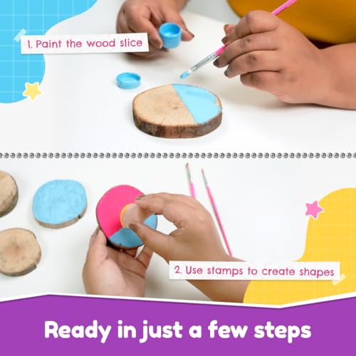 Image of Bloomingo Art & Craft Kit for Ages 4+ - Coastal Coasters - Wood Painting Art Kit | Easy-to-follow instructions | DIY kit for kids | 6 Wooden Coasters | Wood Painting | Beach-themed coasters | Crabs | Shells | Fish | Neon paints | Gem stickers | Create and decorate