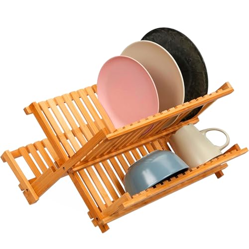 Avilia Escurridor de Platos Plegable de 2 Niveles bambú: practicidad y organización para tu Cocina 34P x 42L x 25H cm, Color Madera