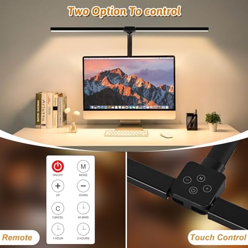 Image of LED Desk Lamp for Office Dorm Home - Eye Caring Desk Light with Timer, Remote Control 24W Brightest Dual Screen Computer Monitor Gooseneck Dimmable Table lamp with Anti-Glare Cover Clamp