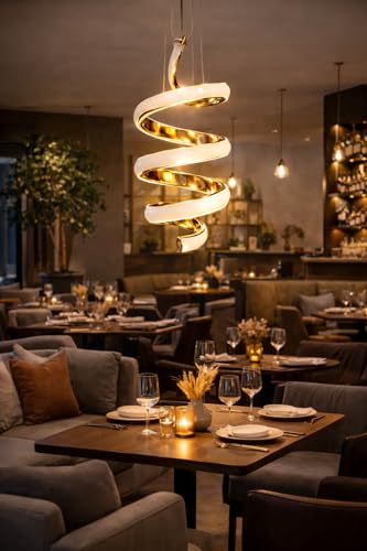 Image of Modern Gold Finish Spiral Shape Energy Saving Led Globe Pendant Hanging with 3 Different Color Mode (Warm White, Cool White, Neutral White) for Bedroom, Living Room, Restaurants, Dining, Home