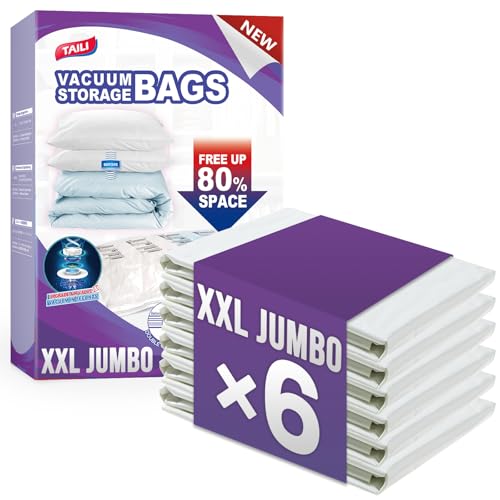 Image of TAILI Vacuum Storage Bags 6 Pack, XXL Jumbo Size 47x39 Inch, Cream | XXL Large Vacuum Seal Bags for Clothing, Huge Space for Bedding, Comforters, Pillows, Toy, Save More Closet Space