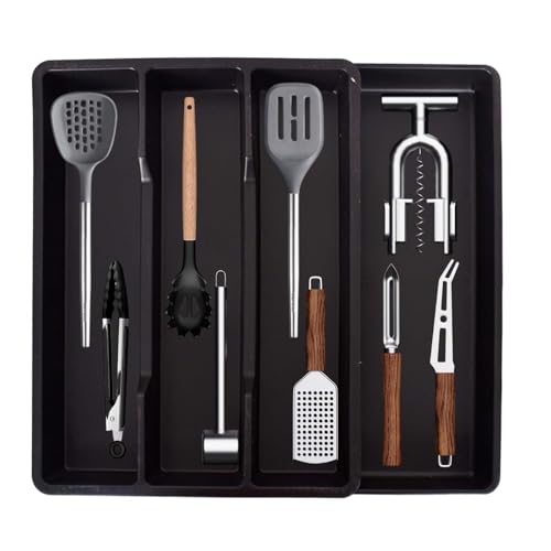 Disnace Organizador Extensible para Cubertería de Cocina - Bandeja Ajustable para Cajones de 30-43 cm,Gran Capacidad, Organizador Cubiertos para Cubiertos y Utensilios - Negro