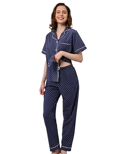 Image of NAP BOUND 100% Cotton Women's Pajama Sets Short Sleeve Button Down Soft Pjs 2 Piece Lounge Set with Pocket Nightwear XS-XXL