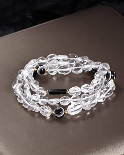 Wizock Clear Quartz/Black Agate/Evil Eye Wrap Bracelets Column Cylinder Tube Bring Good Luck Bracelet For Women Stretch Amulet Protection Relieve Anxiety #TOP3