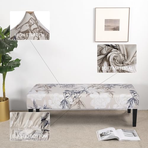 Image of SearchI Dining Bench Cover, Stretch Washable Long Bench Seat Covers, Rectangle Dining Table Bench Slipover for Dining Room, Living Room, Kitchen(Beige Blue Flower)