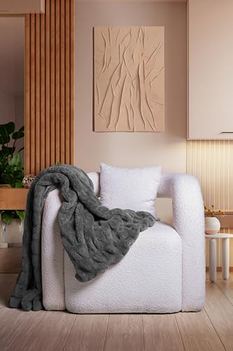Luxury Concepts Soft Faux Rabbit Fur Throw Blanket - 50" x 60", Elegant Ruched Design Blanket, Machine Washable and Wrinkle Resistant, Lightweight Dark Grey Throw Blanket for Couch, Sofa and Bed