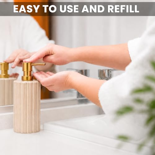Image of MARKET 99 Beige Stoneware Soap Dispenser (320 ML) | Glossy Liquid Soap & Lotion Holder | Round Grooved Bathroom Countertop Accessory for Hand Wash, Vanity & Wash Basin