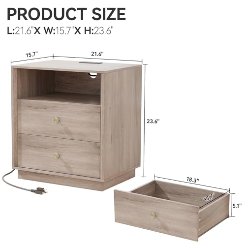 Image of Nightstand with Charging Station Set of 2, Wide Bedside Table with 2 Storage Drawer and Open Wood Shelf, Night Stand for Bedroom, Side Table, End Table, Grey
