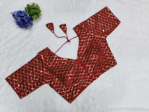 Pujia Mills Woman Italian Silk V- Neck With Short Sleeve With Khatli Work Sequence Design Readymade Blouse 38 Size Red