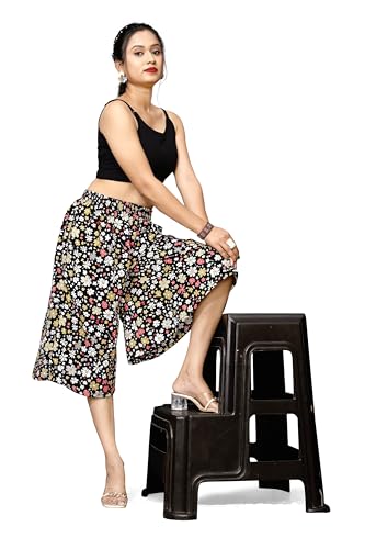Image of Viscose Rayon Flared Printed Plazzo Palazzo Pants, Loose /Relaxed Fit Regular, Office Wear, Casual Wear Comfortable, Trouser Pants for Girls & Women Black Kerri Design (S to 3XL Size)