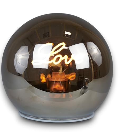 Generico Lampada Decorativa a LED con Scritta Love Sfera in Vetro Fumé Design Moderno Luce Calda Atmosferica per Casa, Ufficio, Bar, Ristorante Lampada da Tavolo Vintage con Base Cromata (12 cm)