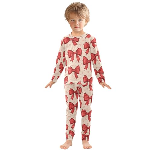 Pajama Sets Long Sleeve Red Bows Hearts Cream Background Soft Comfy Sleepwear 2 Piece PJS 3-8T2