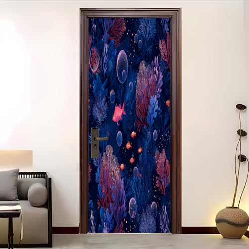 Vinilo Autoadhesivo Para Puerta 77x200 cm Tema Del OcéAno De FantasíA Pegatinas Puertas Impermeables, ExtraíBles Sin Residuos Azul Para DecoracióN De Dormitorio, BañO u Oficina