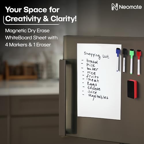 Image of Vinyl Magnetic Dry Erase White Board Sheet | Includes 4 Marker Pens, 1 Eraser | 43x28 cm | Daily Planner, Reminders, Self-Care Notes for Kids & Adults
