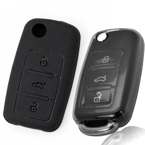 Image of JVCV Soft TPU Key Cover Compatible with Volkswagen Polo, Vento, Jetta, Ameo, Passat & Skoda Rapid, Laura, Superb, Octavia, Fabia, Yeti Folding Key (Combo - Matte Black & Transparent)