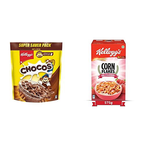 Image of Kellogg's Combo, Kellogg's Chocos, High in Protein, B Vitamins, Calcium And Iron, 1.2kg Pack and Kellogg's Corn Flakes Real Strawberry Puree, 575g
