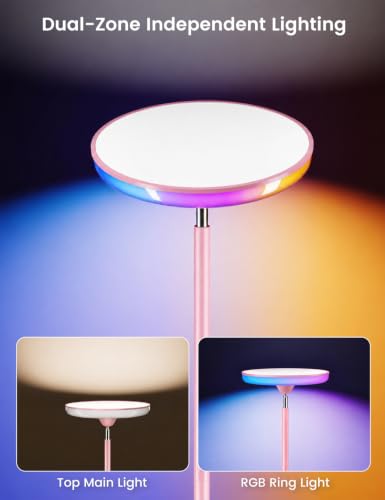 Image of UFO LED Torchiere Floor Lamp with RGB Ambient Light, 42W 3700LM Bright Dimmable Sky Lamp,71in Modern Tall Standing Lamp with Remote Touch Control&Timer,for Living Room Bedroom Office Gaming Room,Pink