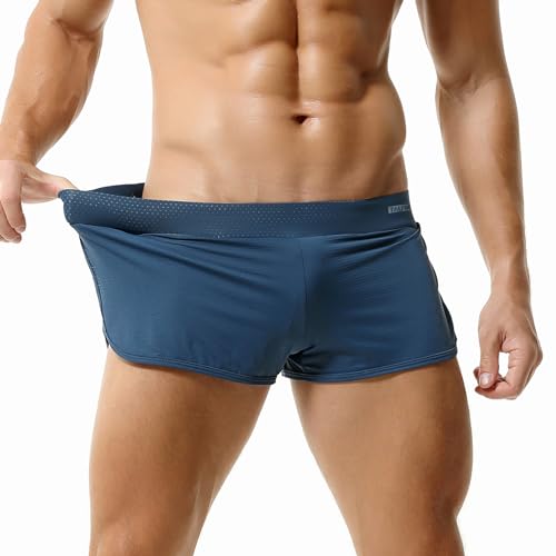 GENEMEN Mens Mesh Shorts 3 Inch Inseam Gym Running Sweat Shorts Jockstrap Large Split Sides (Navy Blue, XXL)